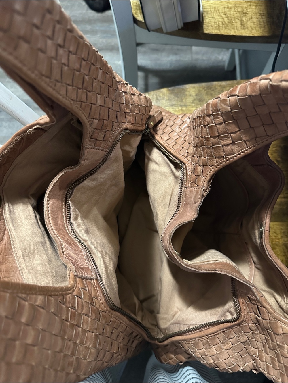 Woven Shoulder Hobo Bag in Tan Genuine Leather - Picture 6 of 6